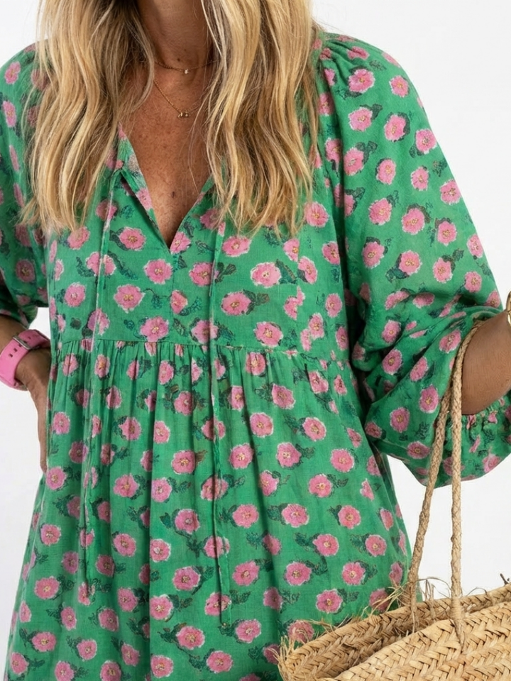 Fiora | Floral Print V-Ausschnitt Schicht Midi Kleid