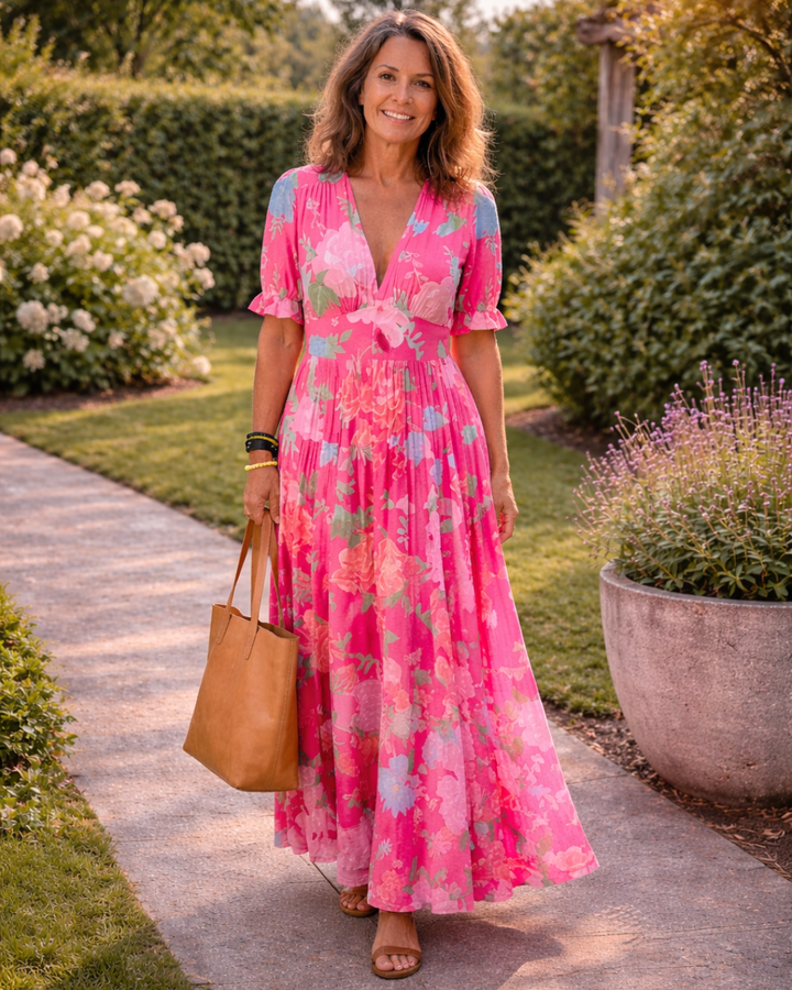 Karin | Kurzes ärmelloses V-Ausschnitt Blumen-Midi-Kleid