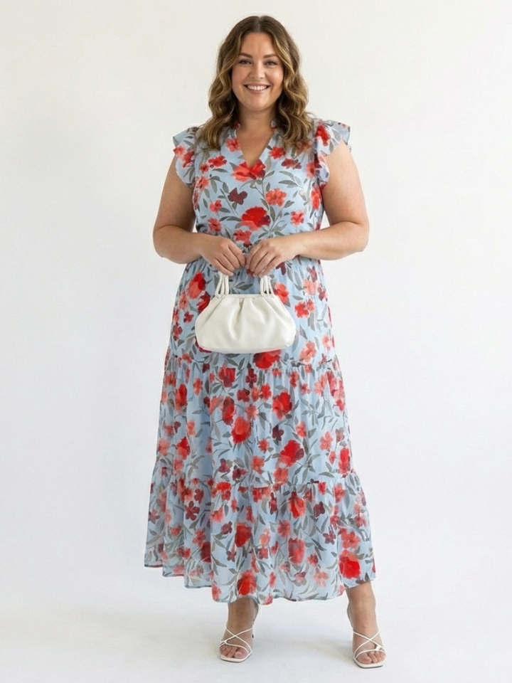 Lila | Floral V-Ausschnitt Schichten Midi Kleid