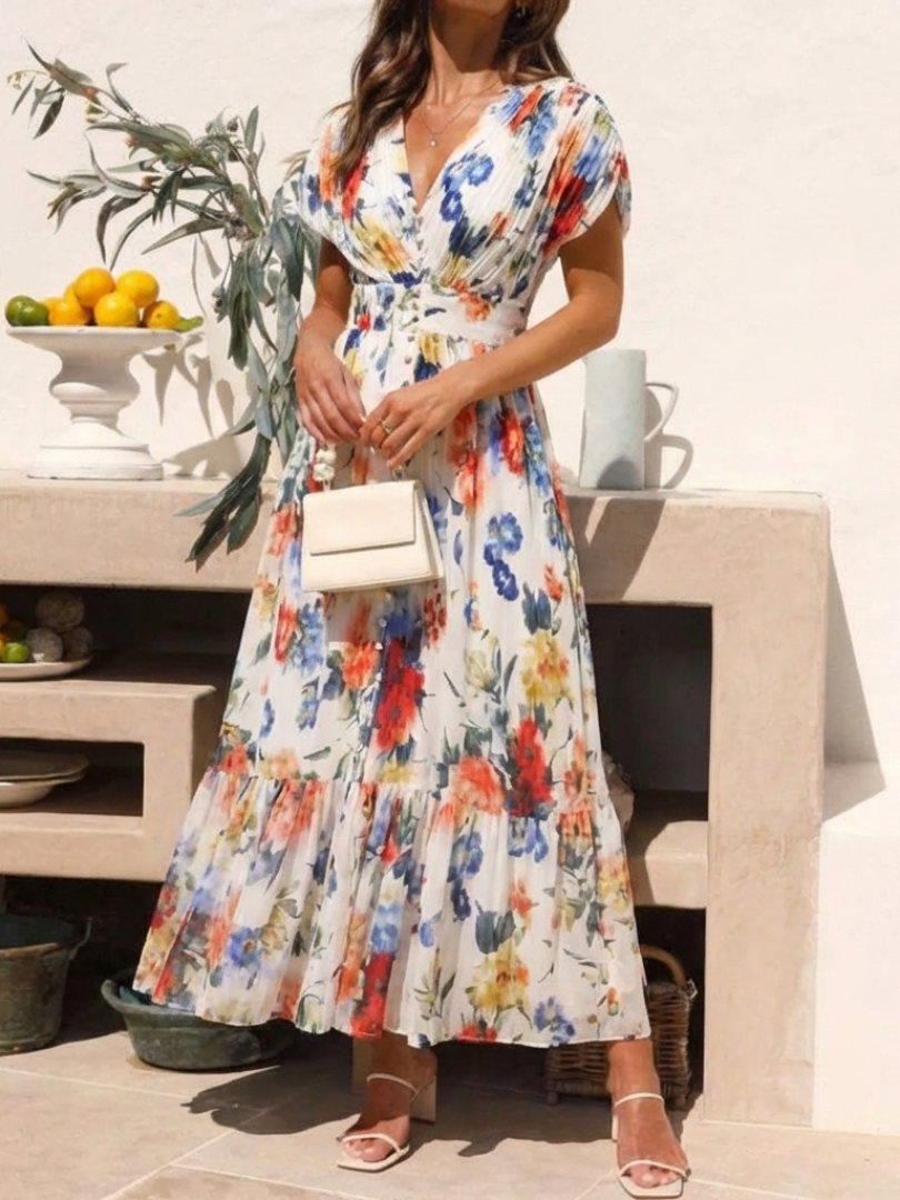 Savannah | Kurzärmliges, gefaltetes, florales Midikleid