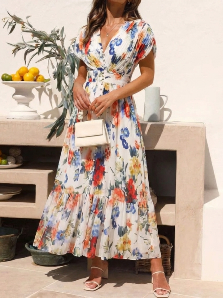 Savannah | Kurzärmliges, gefaltetes, florales Midikleid