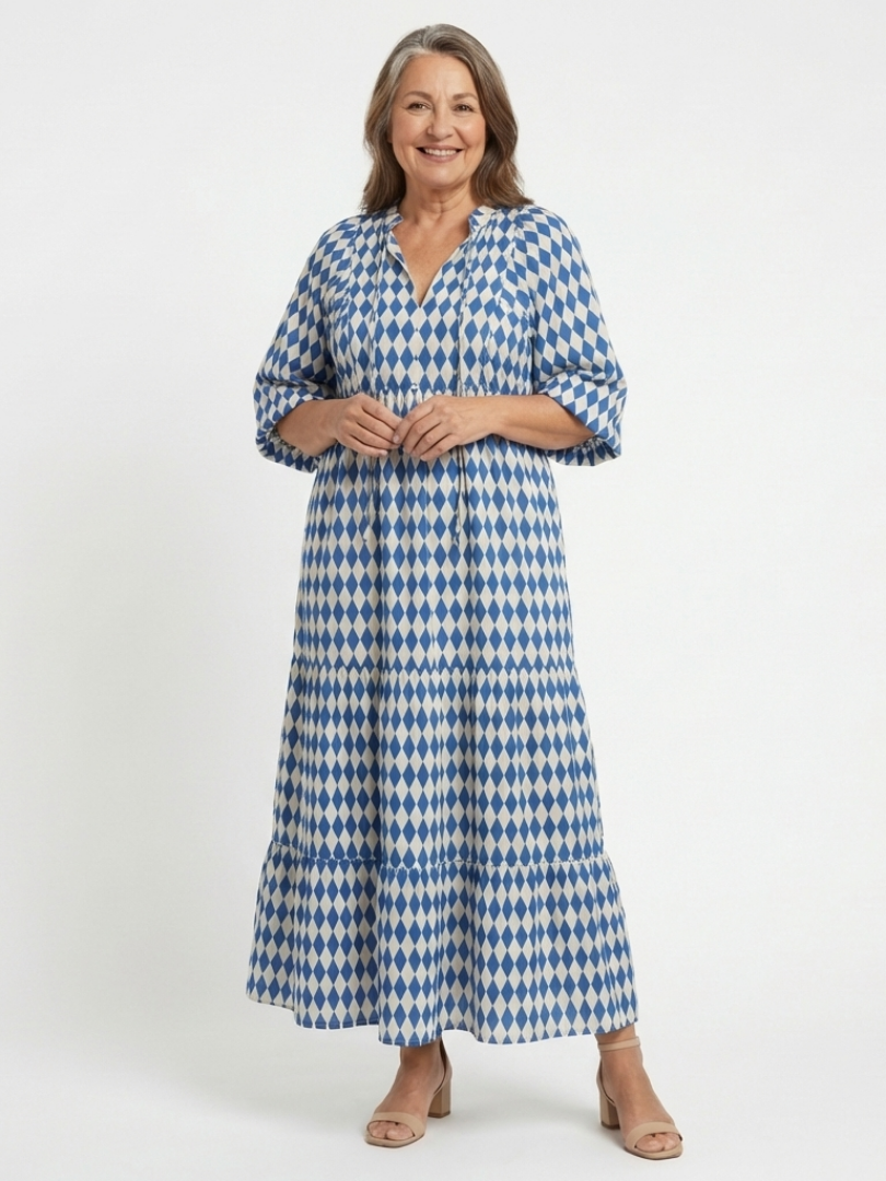 Elodie | Diamantmuster gestuftes Midi-Kleid