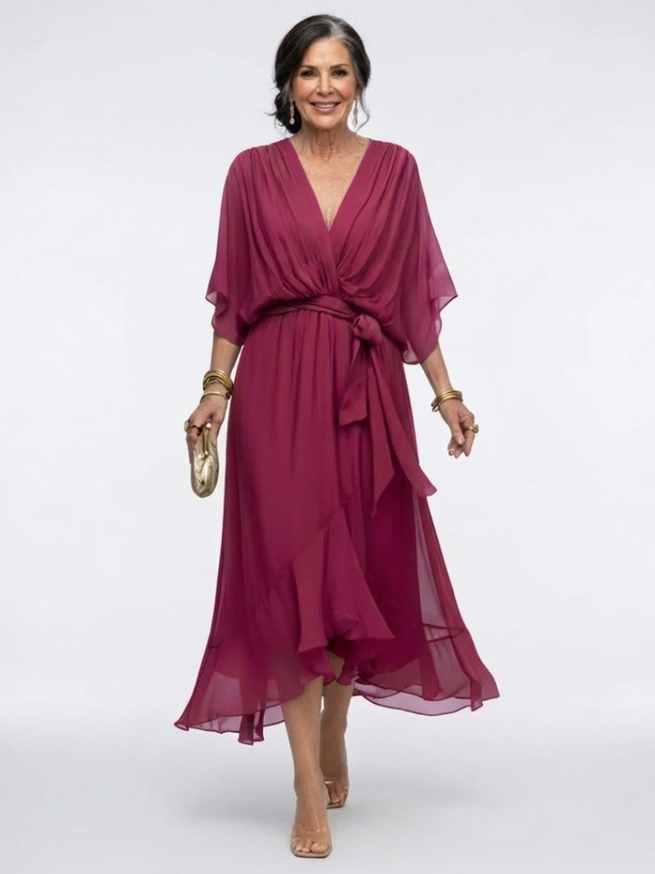 Elysia | V-Ausschnitt Drapiertes Taillenband Midi-Kleid