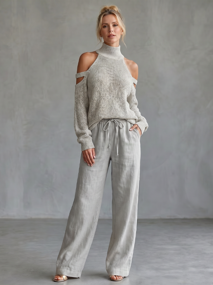 Questa | Offene Schulter Stricktop und Weite Hose Set
