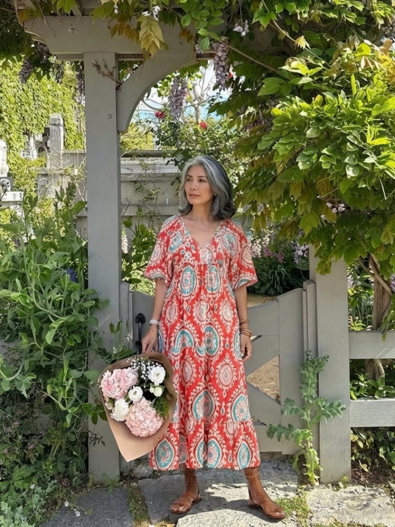 Zaria | Paisley-Druck V-Ausschnitt Kurzarm Midi-Kleid