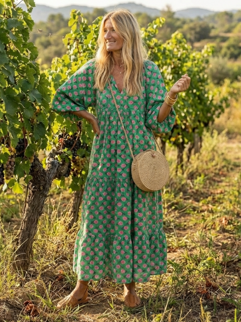 Fiora | Floral Print V-Ausschnitt Schicht Midi Kleid