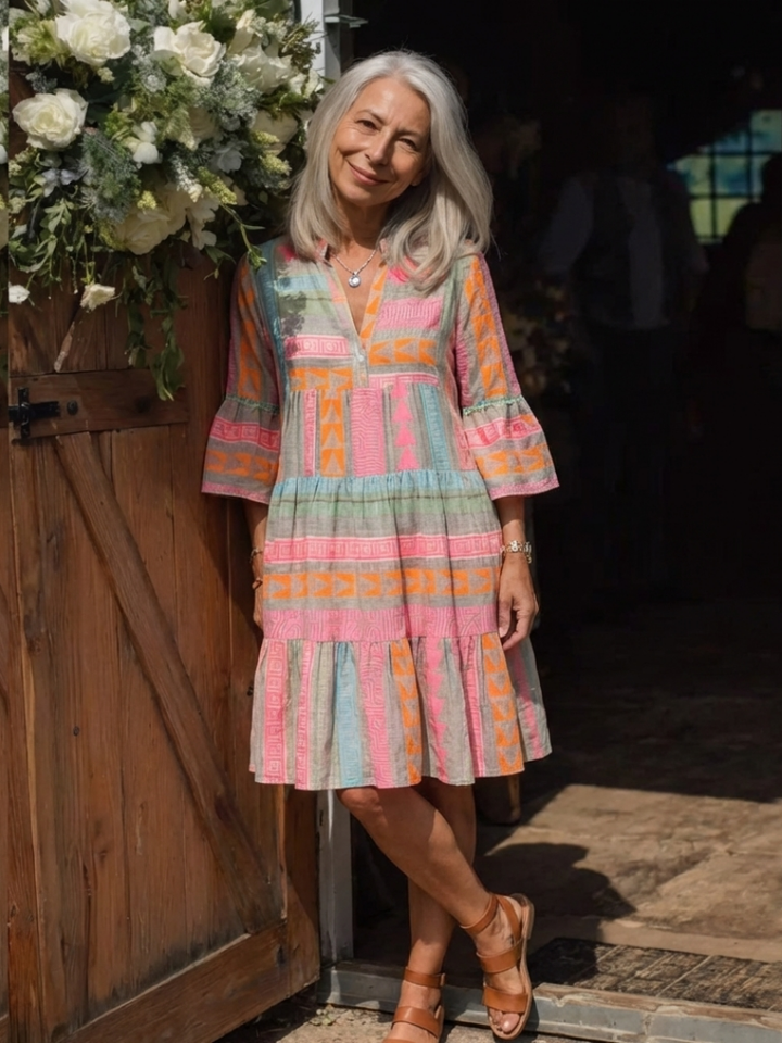 Maelle | Geometrisches Druck V-Ausschnitt Stufen-Kleid in knielang