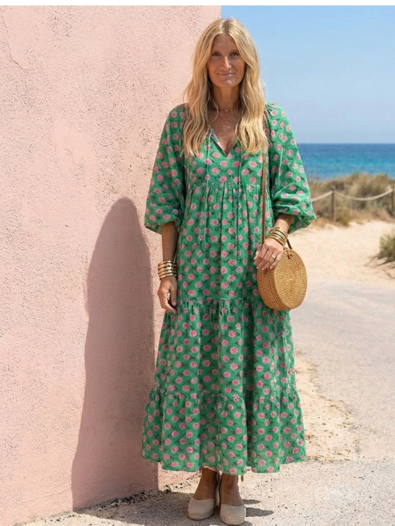 Fiora | Floral Print V-Ausschnitt Schicht Midi Kleid