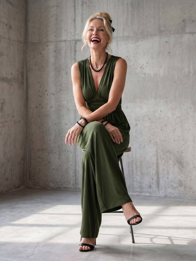 Vincenza | Jumpsuit mit tiefem V-Ausschnitt und definiertem Taillenbereich in weiter Beinform