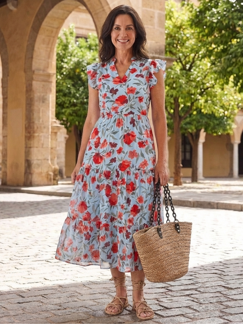 Lila | Floral V-Ausschnitt Schichten Midi Kleid