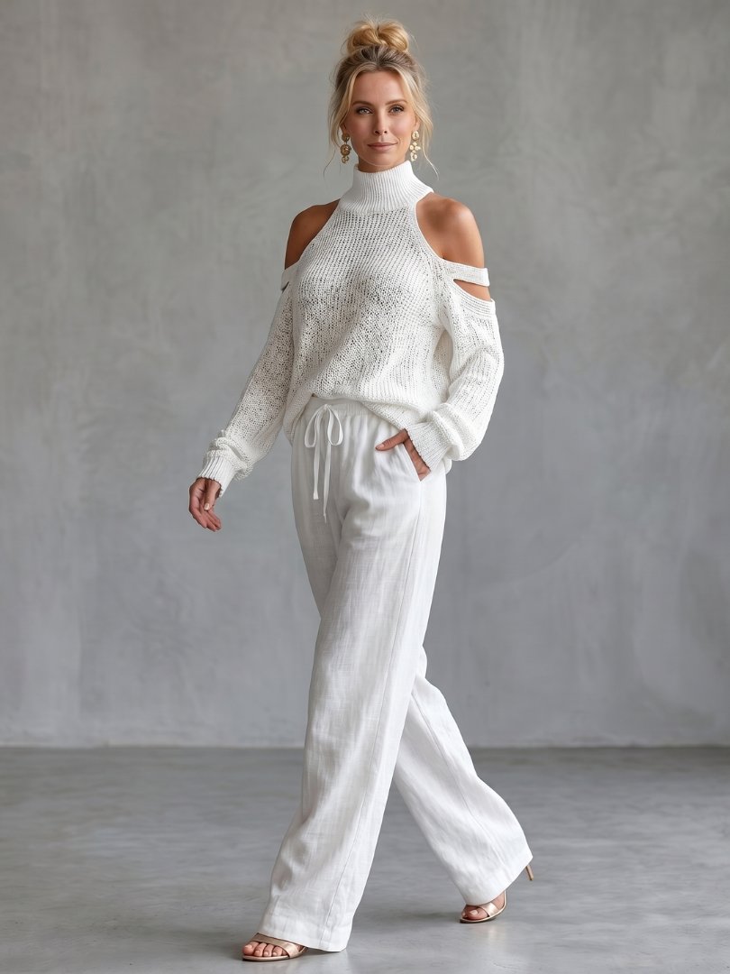 Questa | Offene Schulter Stricktop und Weite Hose Set