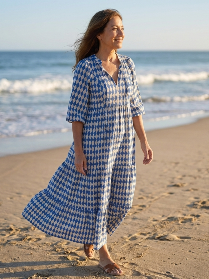 Elodie | Diamantmuster gestuftes Midi-Kleid