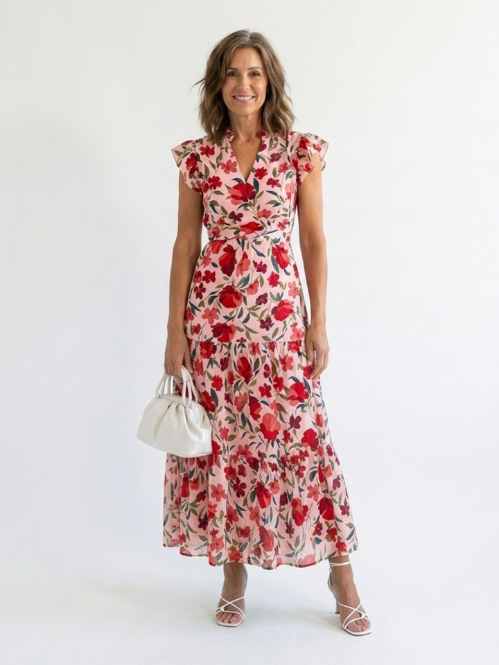 Lila | Floral V-Ausschnitt Schichten Midi Kleid