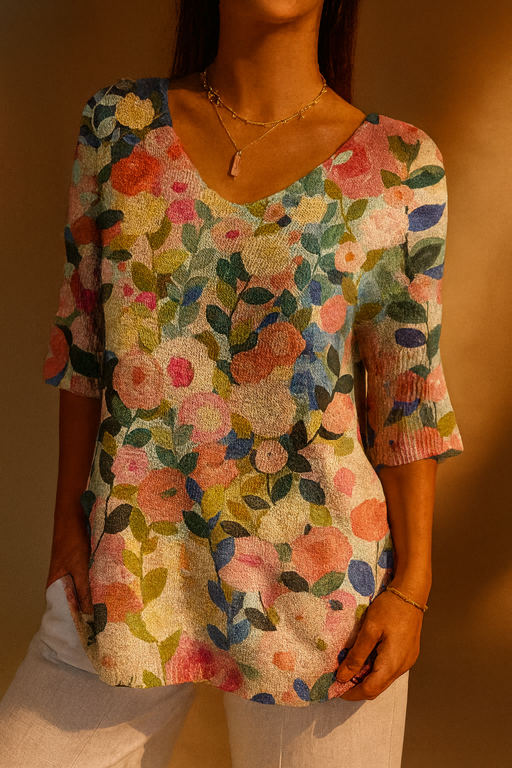 Lynn | Buntes Frühlingsblumen-Garten-Druck Damen Casual Pullover Strick