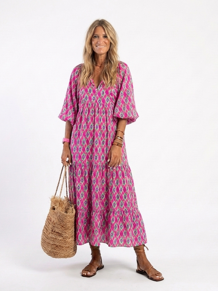 Apolline | Midi-Kleid mit V-Ausschnitt und dreiviertel Ärmeln