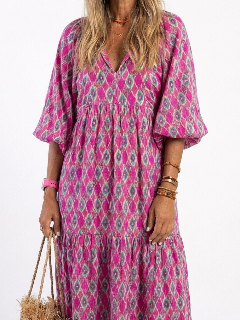Apolline | Midi-Kleid mit V-Ausschnitt und dreiviertel Ärmeln