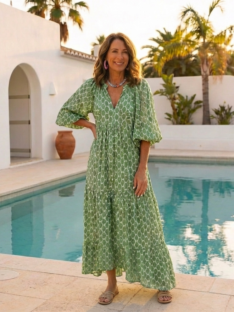 Apolline | Midi-Kleid mit V-Ausschnitt und dreiviertel Ärmeln