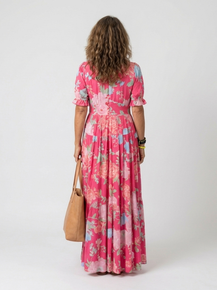 Ione | Kurzarm V-Ausschnitt Blumenkleid Midi