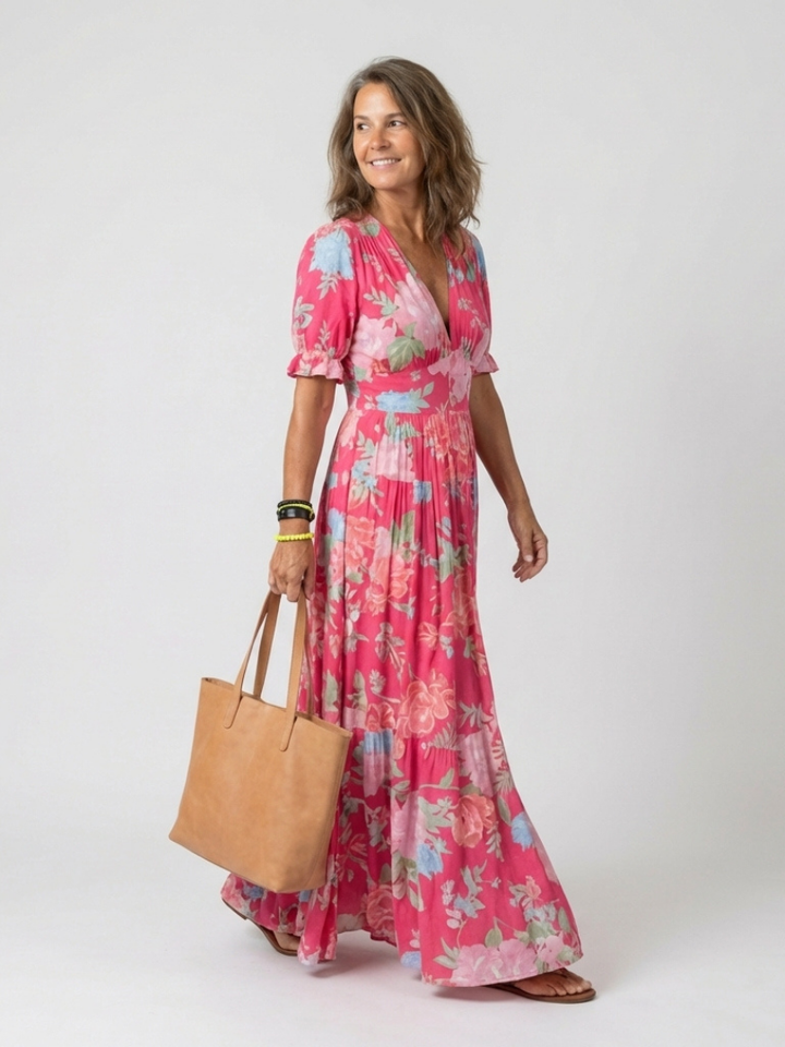 Ione | Kurzarm V-Ausschnitt Blumenkleid Midi