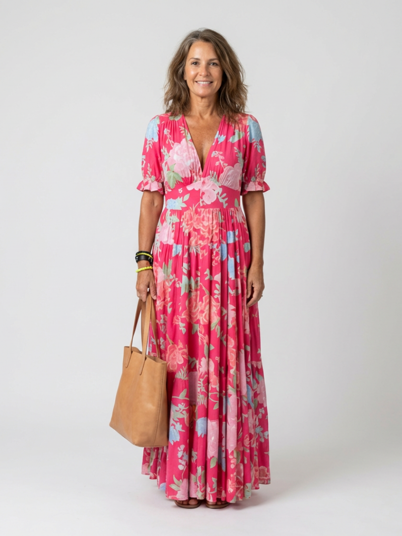 Karin | Kurzes ärmelloses V-Ausschnitt Blumen-Midi-Kleid