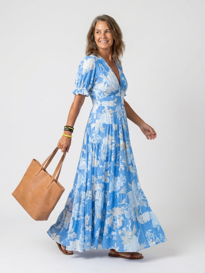 Ione | Kurzarm V-Ausschnitt Blumenkleid Midi