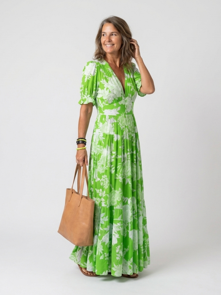 Ione | Kurzarm V-Ausschnitt Blumenkleid Midi