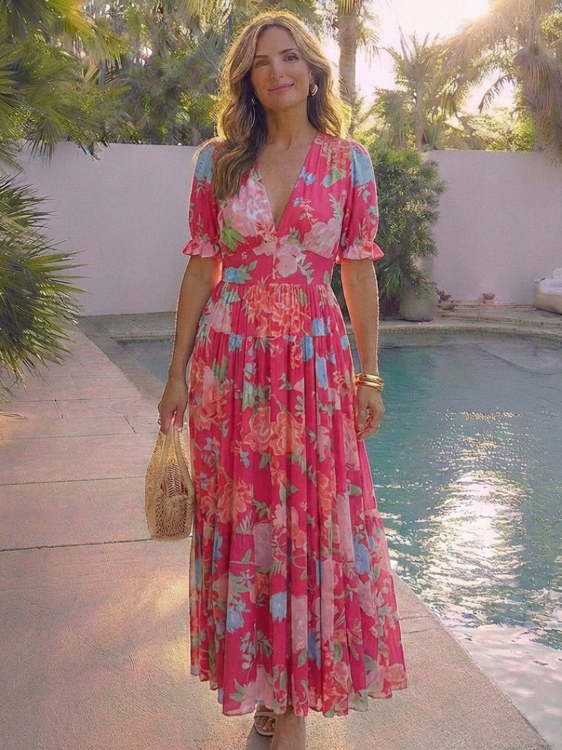 Ione | Kurzarm V-Ausschnitt Blumenkleid Midi