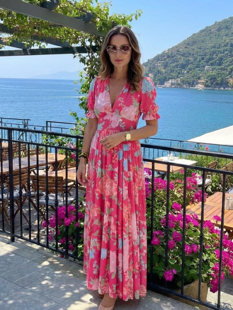 Ione | Kurzarm V-Ausschnitt Blumenkleid Midi