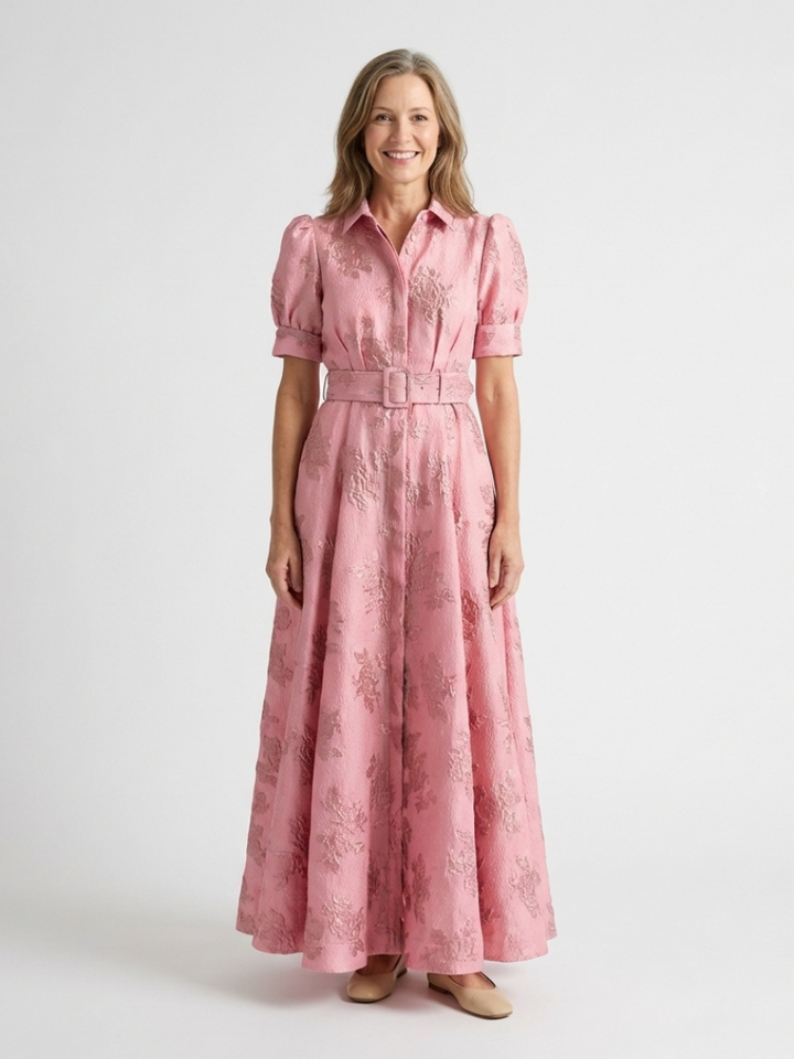 Xanthea | Kurzärmliges, tailliertes, floral strukturiertes Maxikleid