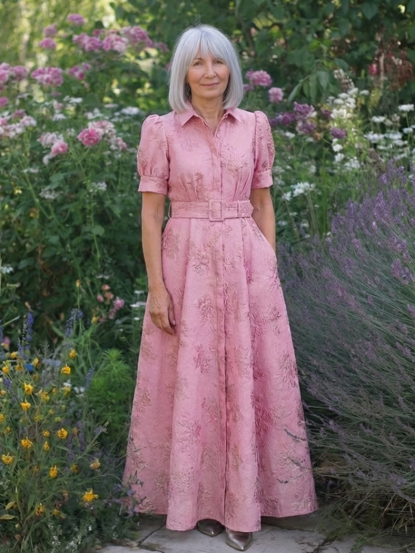 Xanthea | Kurzärmliges, tailliertes, floral strukturiertes Maxikleid