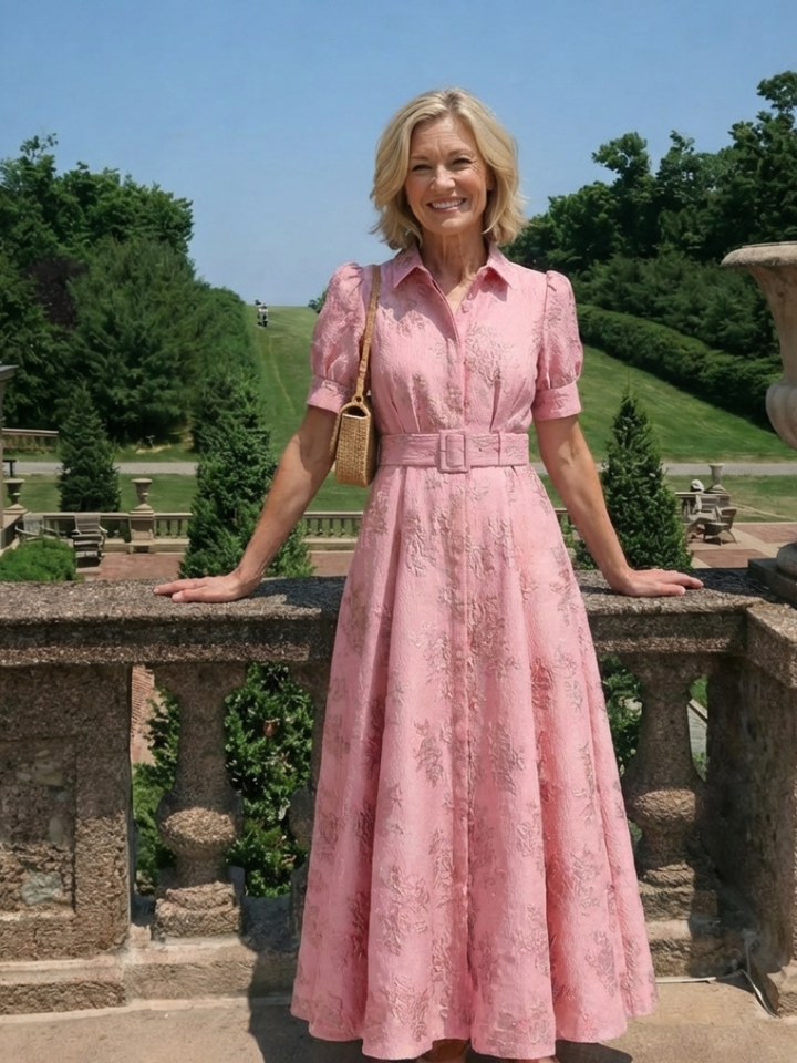 Xanthea | Kurzärmliges, tailliertes, floral strukturiertes Maxikleid