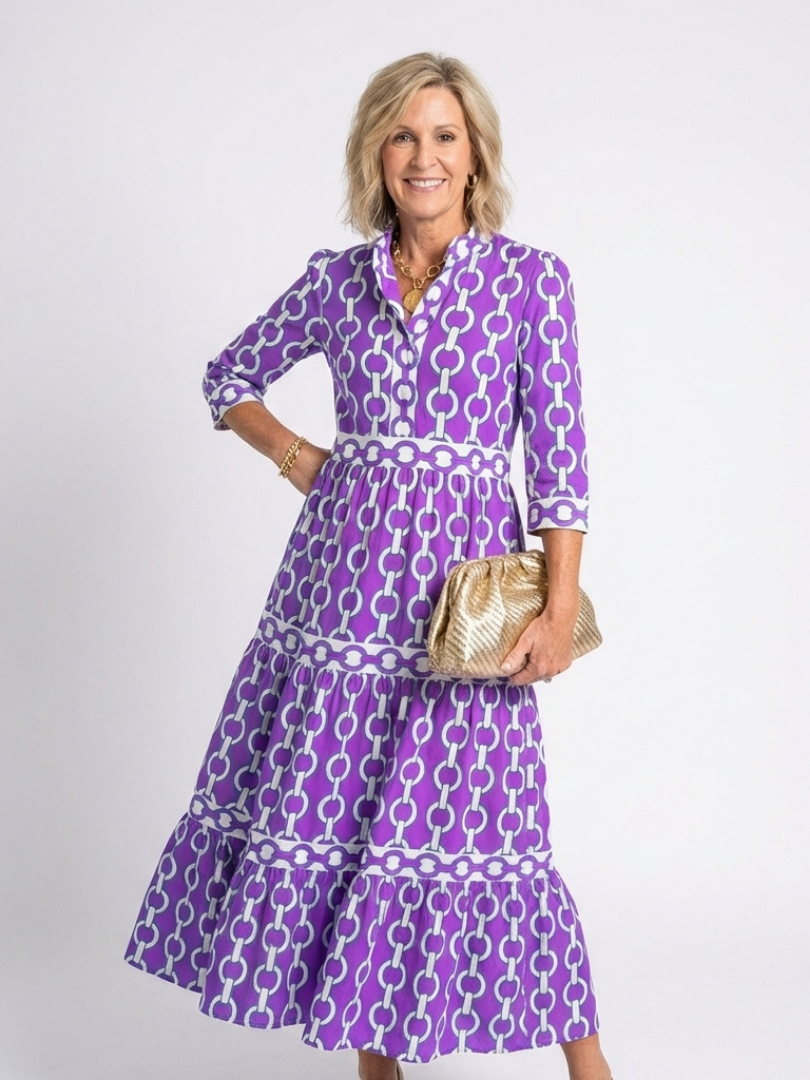 Ysolde | Midi-Kleid mit drei Viertelärmeln und Kettenmuster