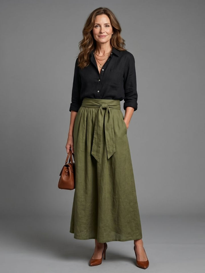 Vera | Zweiteiliges Set Schwarze Bluse Olivgrüner Midirock