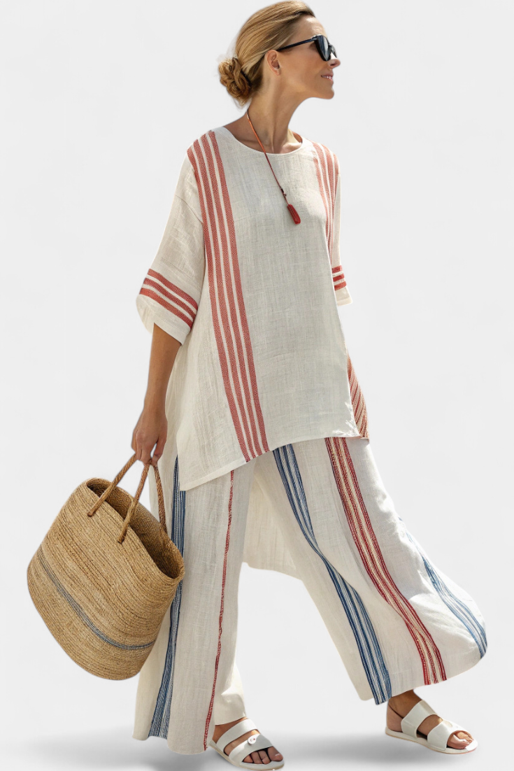 Aurelia | Elegantes, mehrfarbig gestreiftes Top & Mediterrane Hose