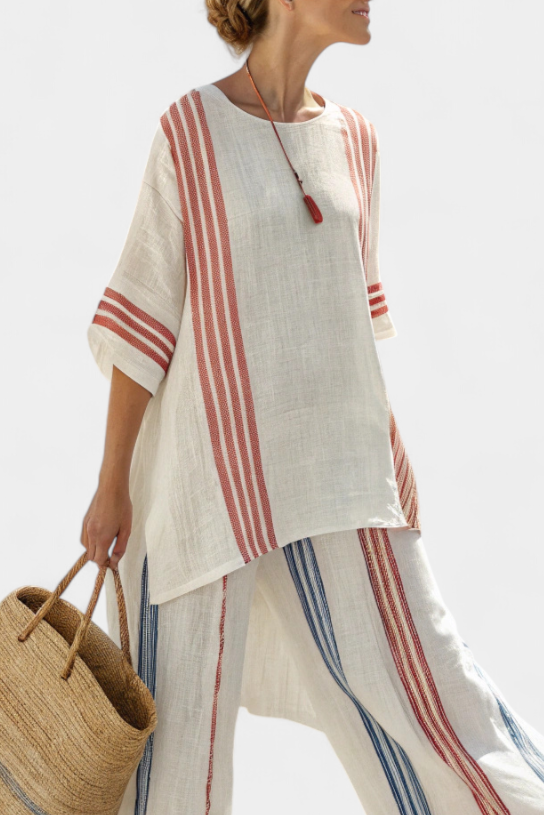 Aurelia | Elegantes, mehrfarbig gestreiftes Top & Mediterrane Hose