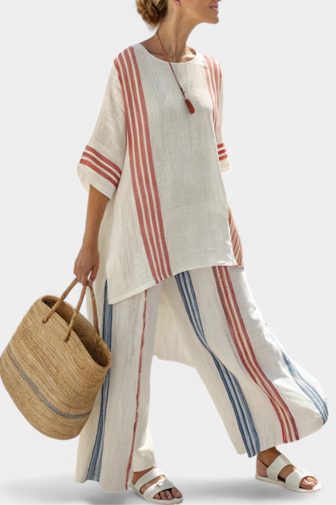Aurelia | Elegantes, mehrfarbig gestreiftes Top & Mediterrane Hose