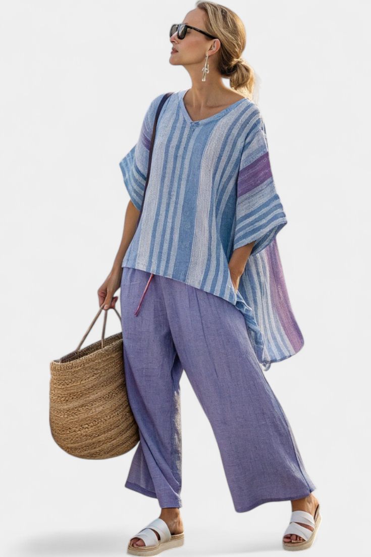 Sophia | Elegantes Lavendel- und Himmelblaues Top & Leinenhose