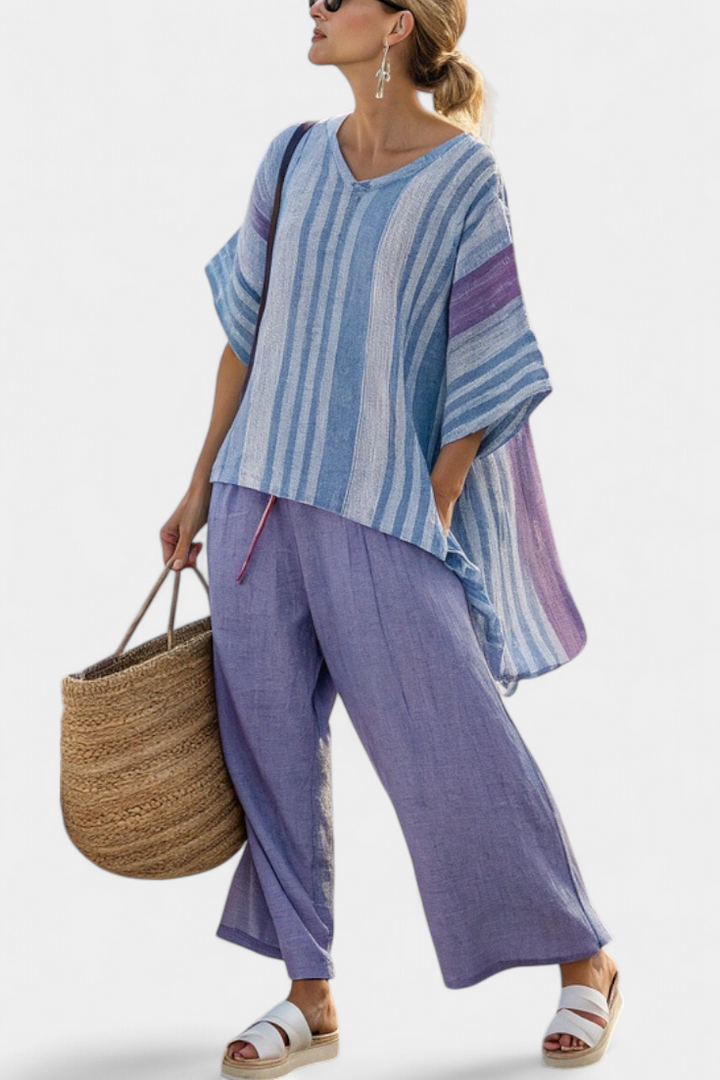 Sophia | Elegantes Lavendel- und Himmelblaues Top & Leinenhose