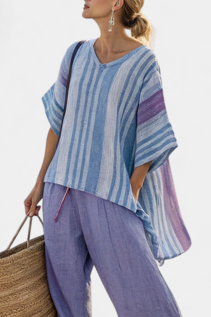 Sophia | Elegantes Lavendel- und Himmelblaues Top & Leinenhose