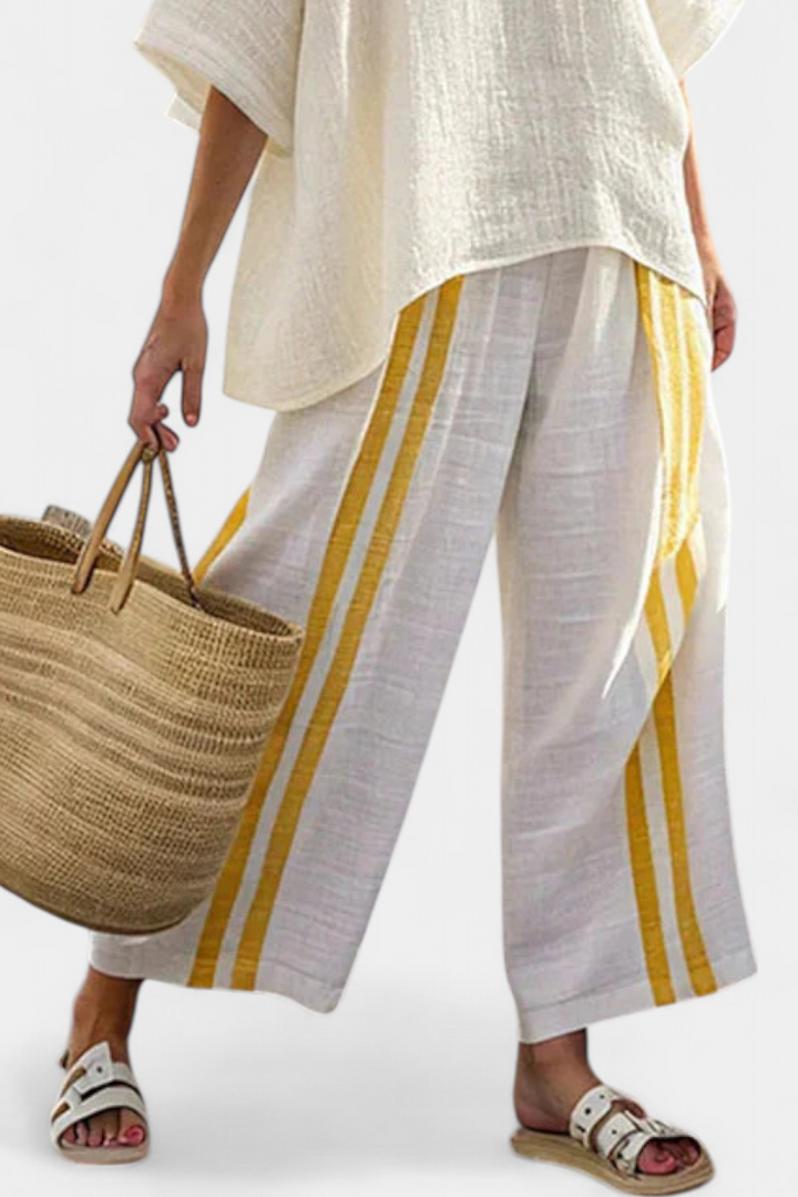 Freya | Elegantes gelb gestreiftes Leinenoberteil & weite Hose