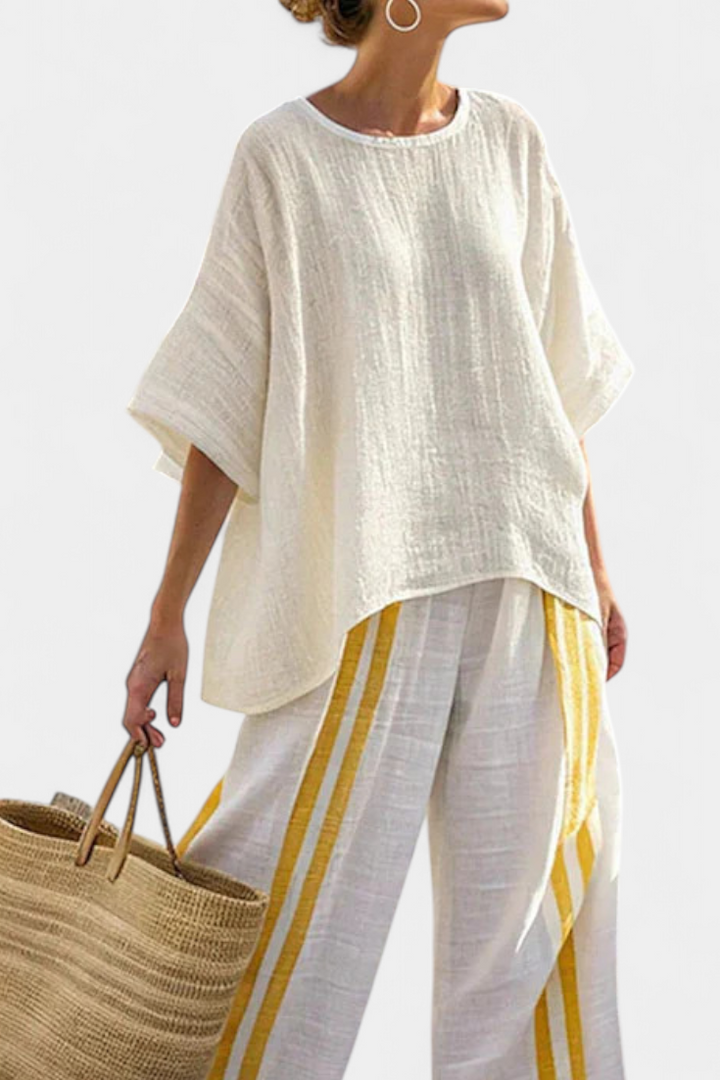 Freya | Elegantes gelb gestreiftes Leinenoberteil & weite Hose