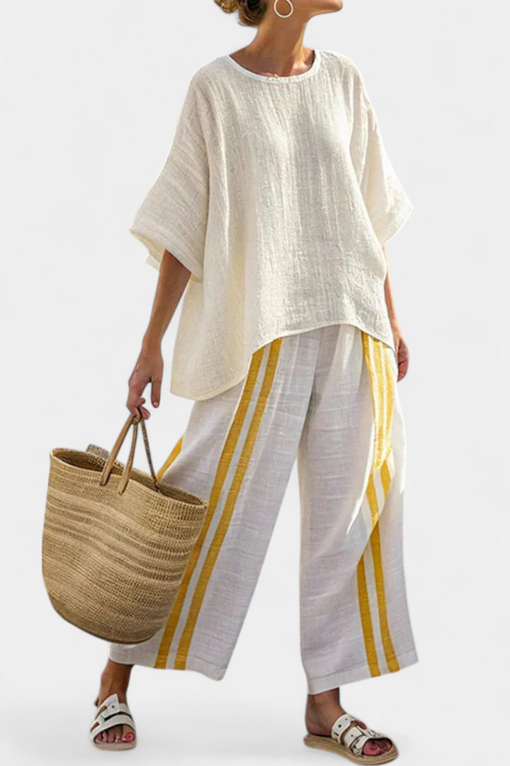 Freya | Elegantes gelb gestreiftes Leinenoberteil & weite Hose
