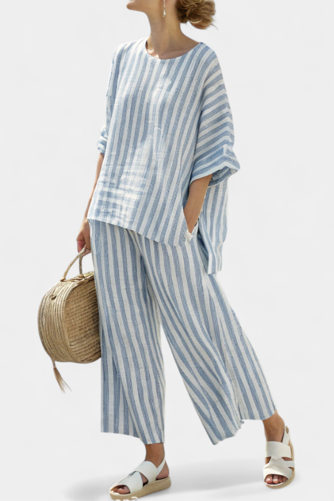 Talia | Elegantes blau gestreiftes Leinenoberteil & entspannte Hose