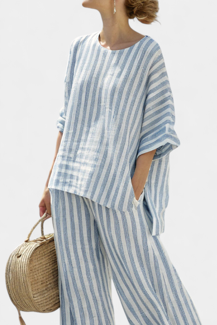Talia | Elegantes blau gestreiftes Leinenoberteil & entspannte Hose