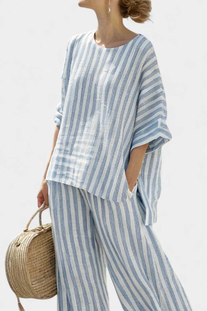 Talia | Elegantes blau gestreiftes Leinenoberteil & entspannte Hose