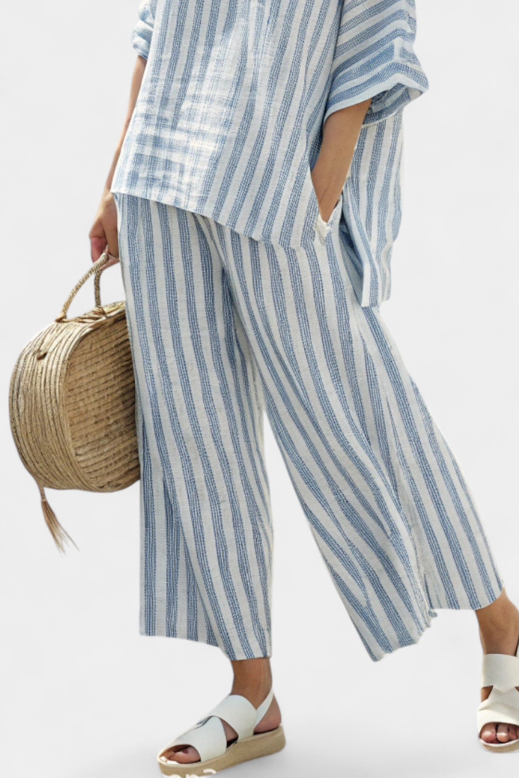 Talia | Elegantes blau gestreiftes Leinenoberteil & entspannte Hose