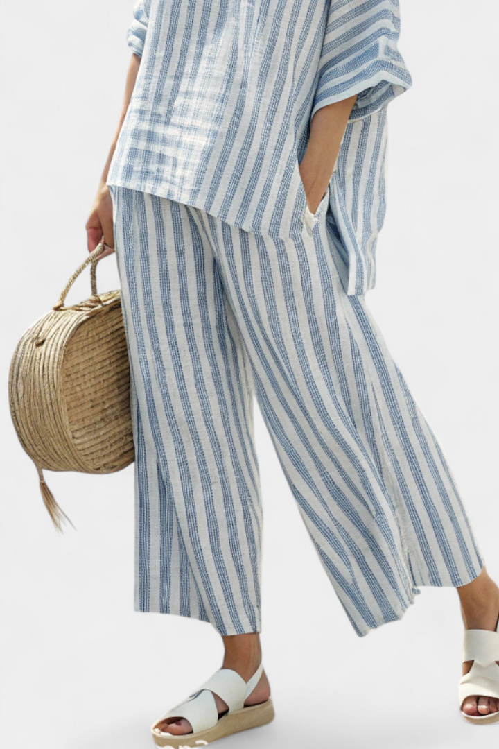 Talia | Elegantes blau gestreiftes Leinenoberteil & entspannte Hose
