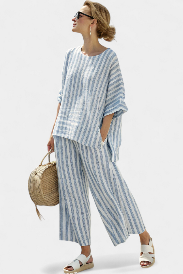 Talia | Elegantes blau gestreiftes Leinenoberteil & entspannte Hose