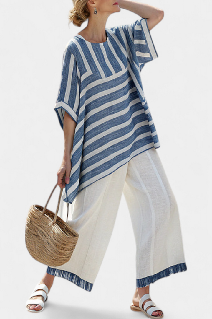 Alexa | Elegantes blau gestreiftes Oberteil & Hosen mit Saumdetails