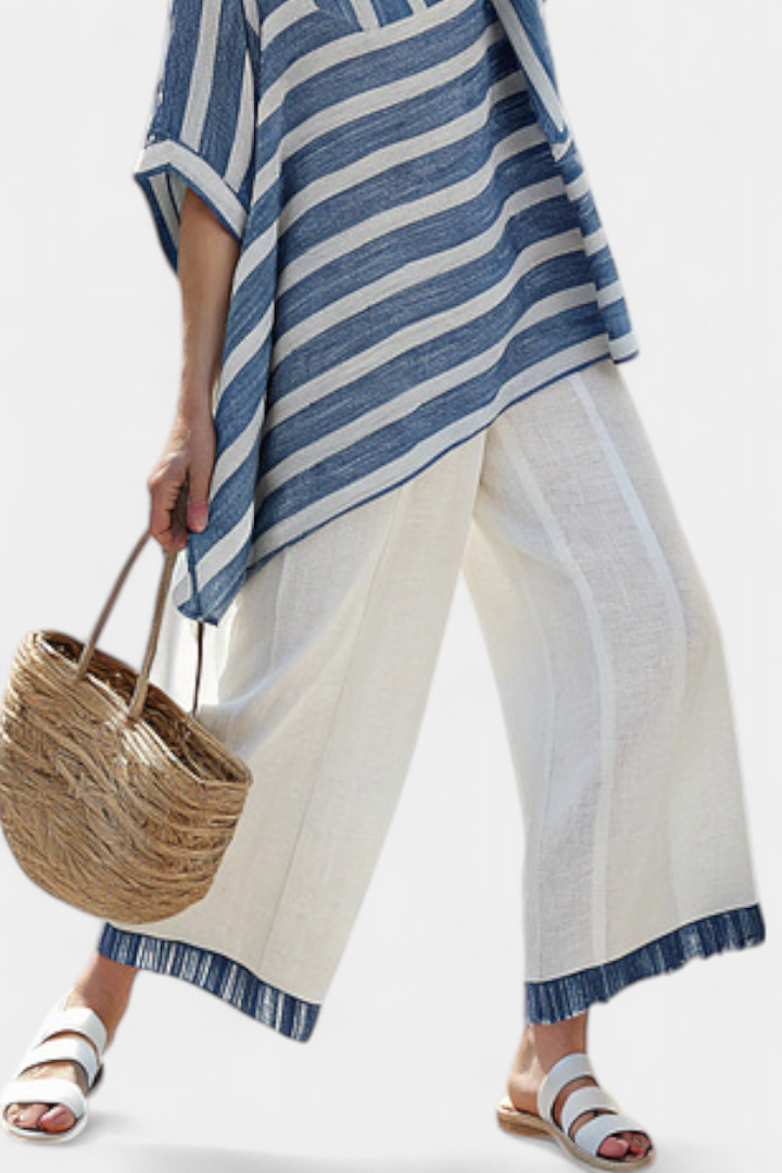 Alexa | Elegantes blau gestreiftes Oberteil & Hosen mit Saumdetails